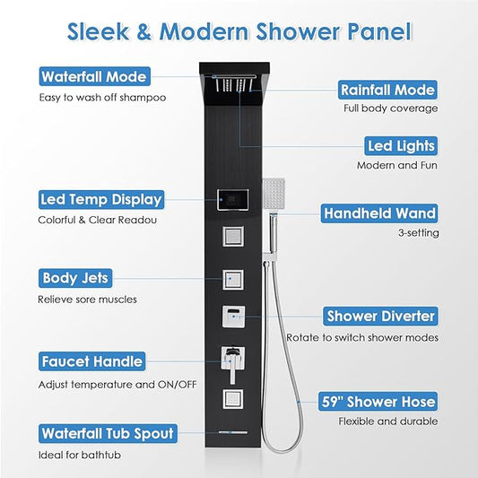 ROVOGO Shower Panel Tower With Led Lights & Digital Display, Water Powered | Rainfall Waterfall Shower Head, Body Jets, Handheld and Tub Spout, Stainless Steel Shower Column with Brass Valve, 50", Black