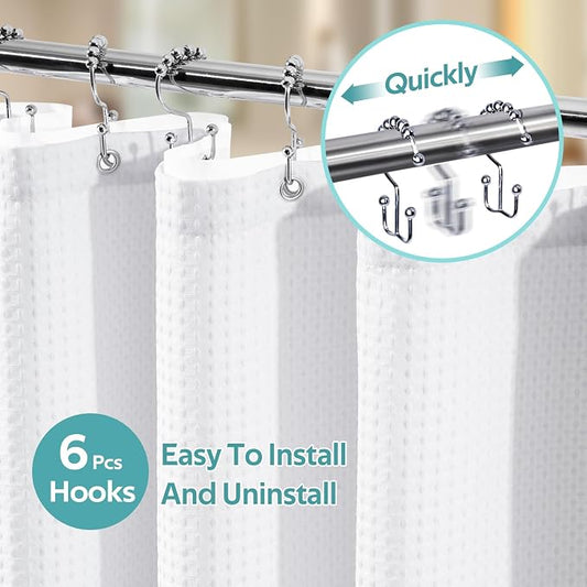 3 in 1 Shower Curtain Set, Waffle Shower Curtain and Liner Set with 6 Double Sided Shower Curtain Hooks, 258GSM Luxury Weighted Cloth Shower Curtain for Shower Stall, 36 W x 72 H, White