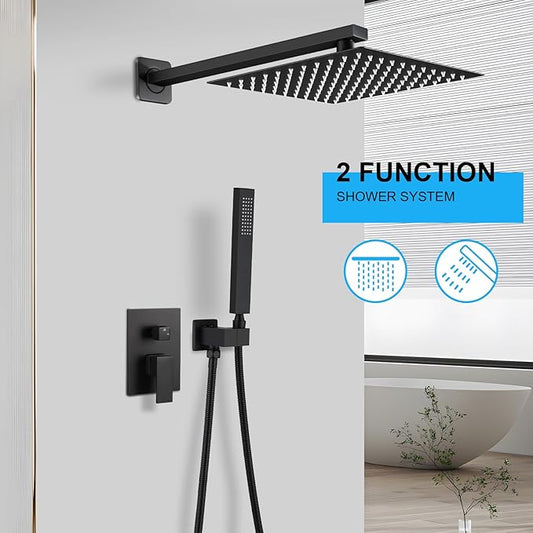 Shower Faucet Set Matte Black 12 Inch Square Rain Head w Handheld Sprayer & Rough Valve