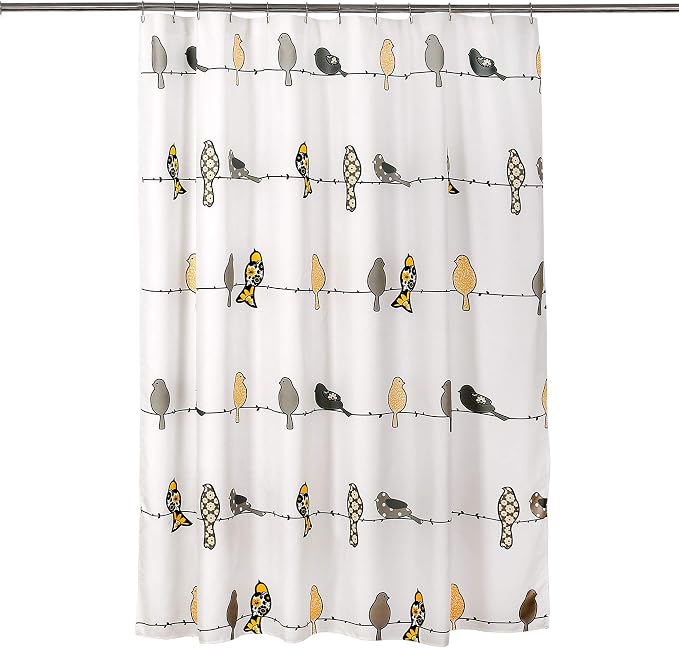 Lush Decor Rowley Birds Shower Curtain, 72” W x 72” L, Yellow & Gray - Colorful Floral Bird Pattern - Whimsical & Playful Bird Shower Curtain - Farmhouse, Coastal, & Boho Bathroom Decor