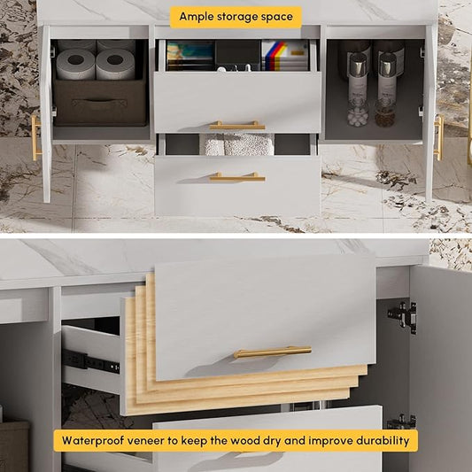 homary 39.4" Modern Floating Bathroom Vanity with Sink, Wall-Mounted Bathroom Vanity with Sintered Stone Countertop and 2 Drawers 2 Storage Cabinets, Undercounter Ceramic Sink Cabinet, White