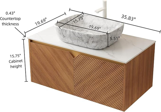 Floating Bathroom Vanity with Sink, 36 Inch Fluted Vanity with Vessel Sink, Modern Bathroom Vanity Cabinet with 2 Doors, Oval Marble Vessel Ceramic Sink & Sintered Stone Top, Oak