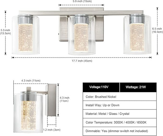SineRise 3-Light Brushed Nickel Vanity Light with 3 Color Modes (3000K/4000K/6000K), Eye Protection LED Bathroom Light Fixture, Dimmable Modern Wall Light Over Mirror with Clear Glass Shade