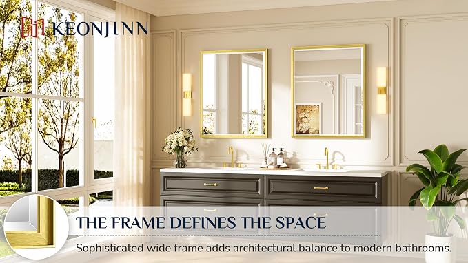 Keonjinn 30" x 36" Gold Bathroom Mirror, HD Tempered Glass, Aluminum Alloy | Effortless French Cleat Installation, Vertical/Horizontal, Rustproof, Metal Framed Gold Vanity Mirror, Fireplace Wall Decor
