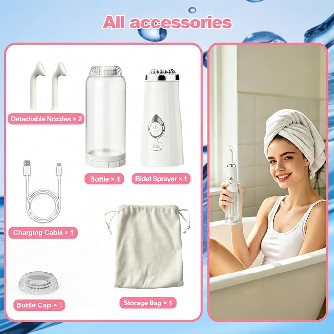 Portable Bidet for Travel - IPX7 Waterproof & 4 Spray Modes | 2 Quick‑Detachable Nozzles, Electric Handheld Bidet for Women, Compact Design for Home Travel Postpartum Personal Hygiene