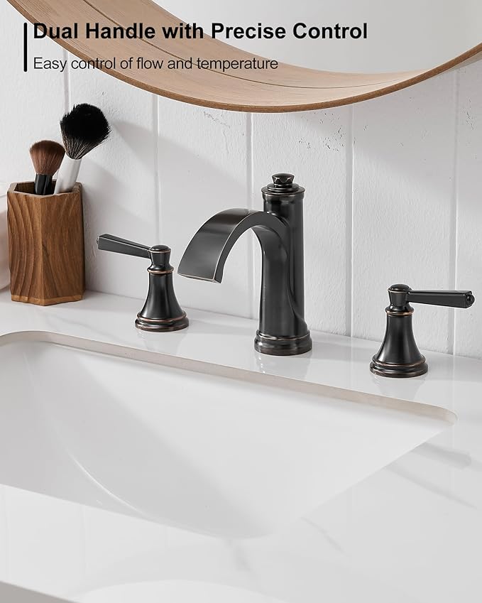 Waterfall Bathroom Faucet 3 Hole, 4-16 Inch Oil Rubbed Bronze Bathroom Faucet, Brass Bathroom Sink Faucet, 2 Handle Bathroom Faucets, Bathroom Vanity Faucet with Pop-Up Drain, Water Hoses