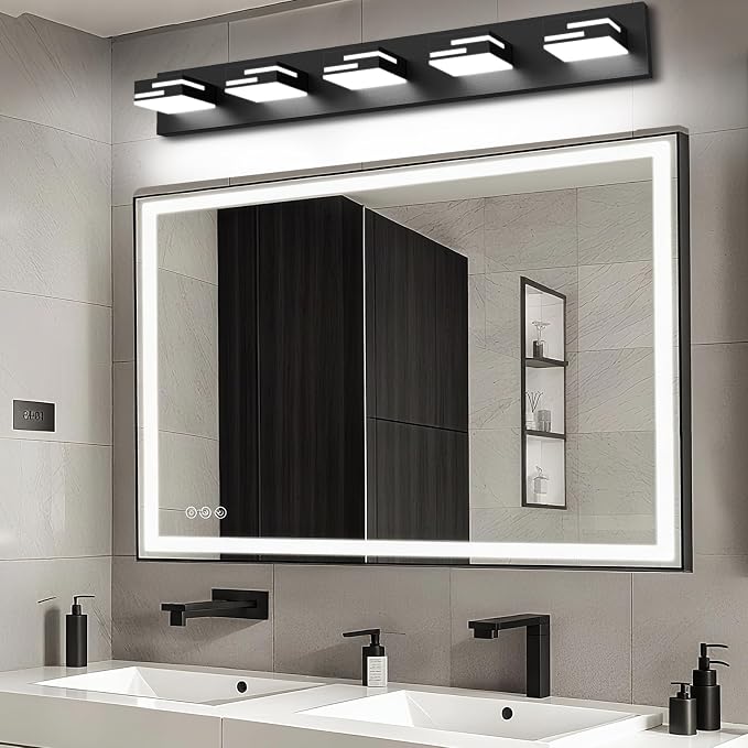 LED Modern Bathroom Vanity Light Fixtures, Dimmable Matte Black Vanity Lights for Bathroom Lighting Fixtures Over Mirror, with 360° Rotatable Acrylic Heads 5-Light 36-inch (Cool White 6000K)