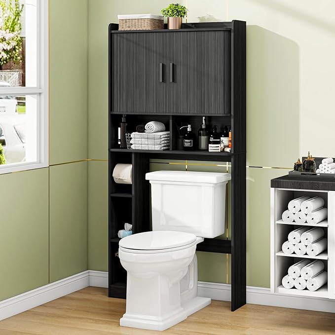 Over The Toilet Storage Cabinet,Farmhouse Toilet Cabinet Rack with 2 Tambour Sliding Doors and Toilet Paper Holder Stand,Toilet Shelf Space Saver with Towel Rack for Bathroom, Restroom,Black Laundry