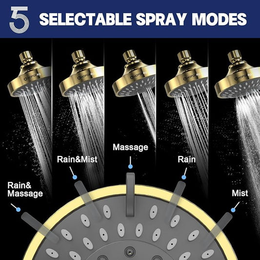High Pressure Shower Head, HOPOPRO 5-Mode Fixed Showerhead, NBC Recommended | The Washington Post, NBC News, Today TV Show Recommended, Consumer Reports Tested High Flow Fixed Shower Head (4 Inch Gold)