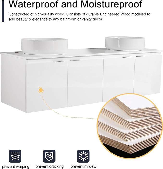 60 Inch Bathroom Vanity with Sink, 60" Floating Bathroom Vanity with Double Vessel Sinks, Modern Wall Mounted Cabinet Set, White Cabinet with 4 Doors and 2 White Ceramic Basin Sinks, Large Countertop