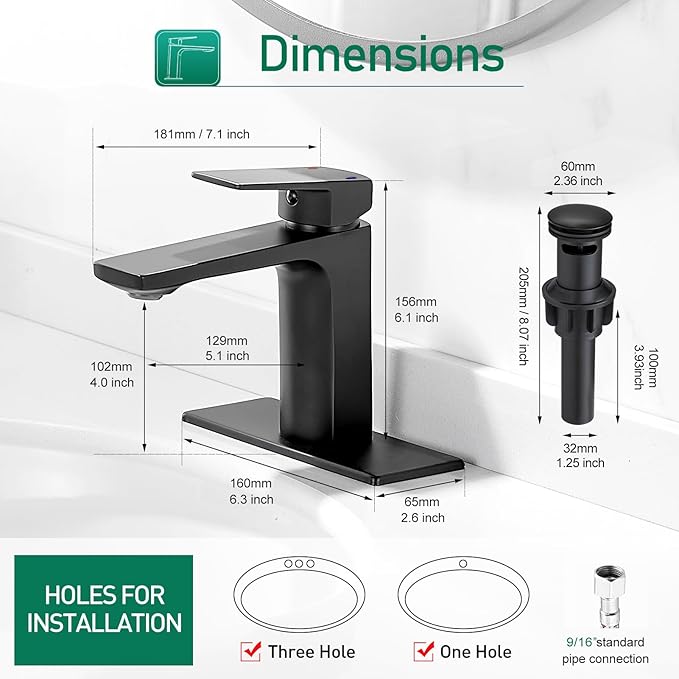 VOTON Black Bathroom Faucet Single Handle Bathroom Faucets for Sink 1 Hole Rv Lavatory Vanity Faucet with Pop-up Drain and Water Supply Lines