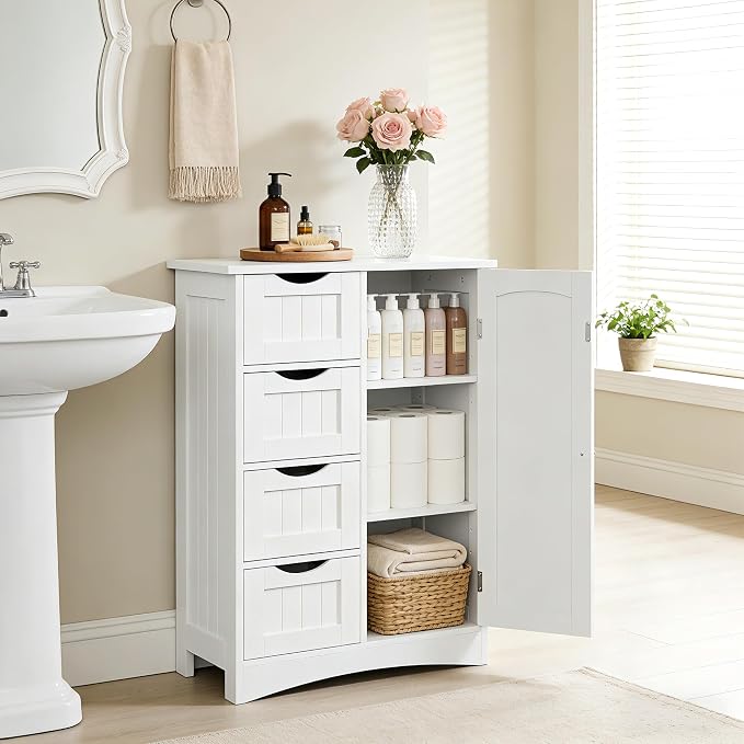 SUPER DEAL Bathroom Storage Cabinet with 4 Drawers and 1 Cupboard, Entryway Home Decor Furniture Towels Storage Organizer Unit, White