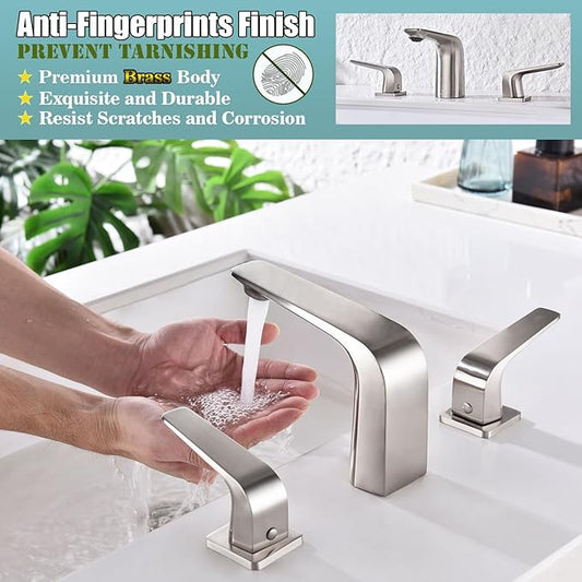 TOCALOCA Widespread Bathroom Faucet 3 Hole Bathroom Sink Faucet Brushed Nickel 2 Handles Vanity Faucet Brass, Anti-Fingerprint Modern Bathroom Basin Faucet