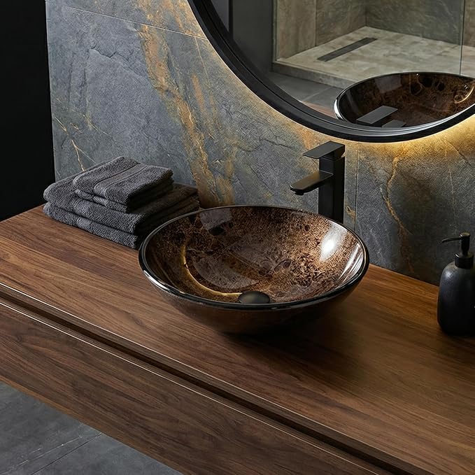 Bathroom Artistic Vessel Sink, Tempered Glass Vanity Round Bowl, Brown | Black Faucet, Pop Up Drain, Above Counter, Easy Clean