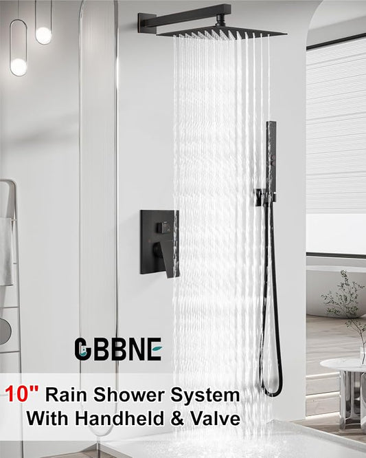 Shower Faucet Set 10-Inch Rain Shower System Oil Rubbed Bronze | Square SUS304 Shower Head, Dual-Mode Hand Spray, 59-Inch Hose and Brass Rough-In Valve for a Complete Wall-Mount Installation
