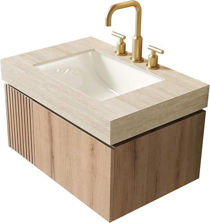 KEIKI 30 Inch Floating Bathroom Vanity with Sink, Modern Wall Mounted Storage Cabinet with Drawer, Pre-assembled Waterproof Wood Panels, Sintered Stone Top & Ceramic Basin Combo Set, White Oak & Beige