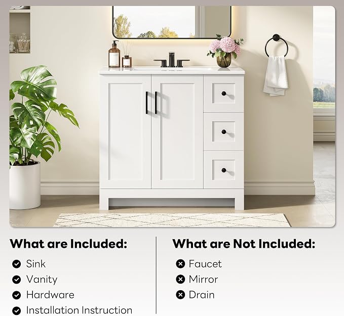 LIKIMIO 36" Bathroom Vanity with Sink, 2 Soft-Close Drawers & Doors, White | Freestanding Bathroom Vanity, Integrated Rectangular Ceramic Sink, Modern Bathroom Storage Cabinet, Assembly Required