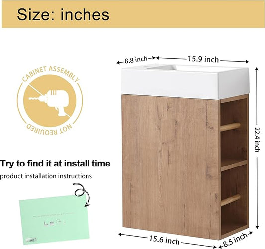 Malwee 16" Floating Bathroom Vanity with Sink, 16 Inch Single Sink Wall Mounted Bathroom Vanity, with 1 Door and White Resin Basin Top for Small Space, Plywood Cabinet Storage(050-16)
