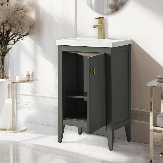 Vanity Art 20 inch Bathroom Vanity with Single Sink & Ceramic Top, Vanity Cabinet with Soft-Closing Door, Solid Wood Frame, Linear Pattern, Vintage Green, VA9120-VG-MB,Matte Black Handles