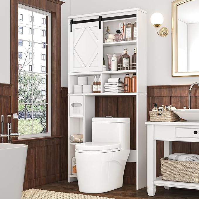 Over the Toilet Storage Cabinet with Farmhouse Sliding Barn Door, Above Toilet Organizer with Toilet Paper Holder Stand, Behind Toilet Shelf, Space Saver for Restroom, Bathroom, Laundry, White