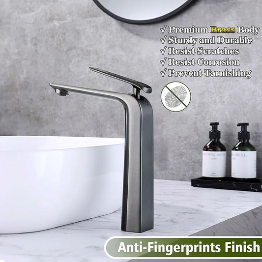 TOCALOCA Tall Bath Faucet for Vessel Sink, Gun Grey One Hole Single Handle Bathroom Faucets Brass, High Bathroom Vanity Faucet Single Lever Modern Basin Mixer Taps