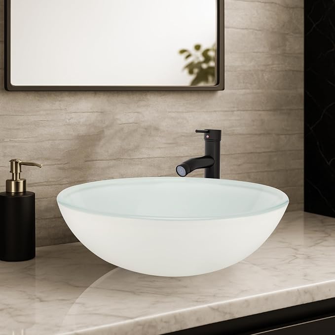 16.5" White Glass Vessel Sink with Faucet and Drain – Modern Round Countertop Bathroom Sink Bowl, Transparent Above Counter Vanity Basin for Small Spaces
