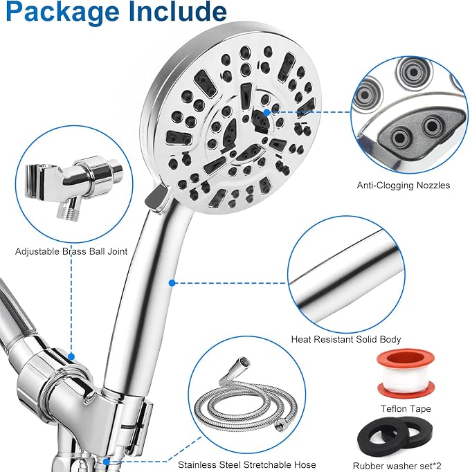 Shower Head,10 mode High Pressure shower head with handheld, Anti-clog Nozzles, Built-in 2 Power Wash to Clean Tub, Tile & Pets, High Flow Hand Held Shower Head, Leakproof 59 Inch Hose&Metal Bracket
