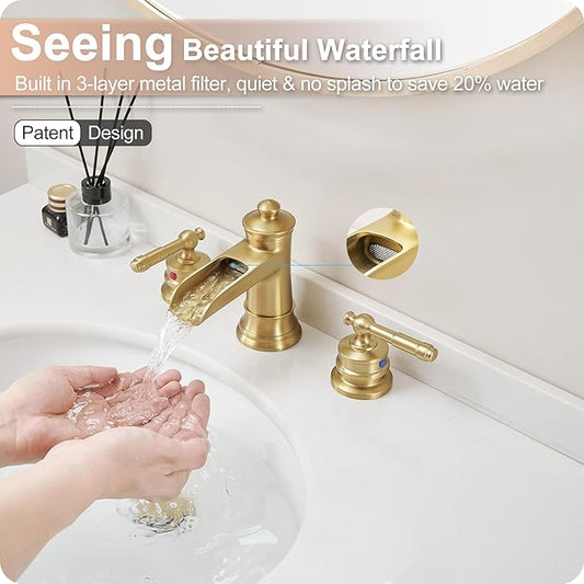 Gold Bathroom Faucet Waterfall, Brass 4-16 Inch Bathroom Faucets 3 Hole, Widespread 2 Handles with Pre-installed Water Hose & Pop-Up Drain for Vintage Vanity Washroom, 10 Mins Quick Installation