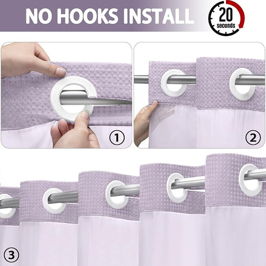 No Hook Shower Curtain with Liner Set Hotel Waffle Lavender 72W X 75L | Washable Snap in Fabric Liner, Mesh Top Window, Waffle Hotel Style Shower Curtain Set