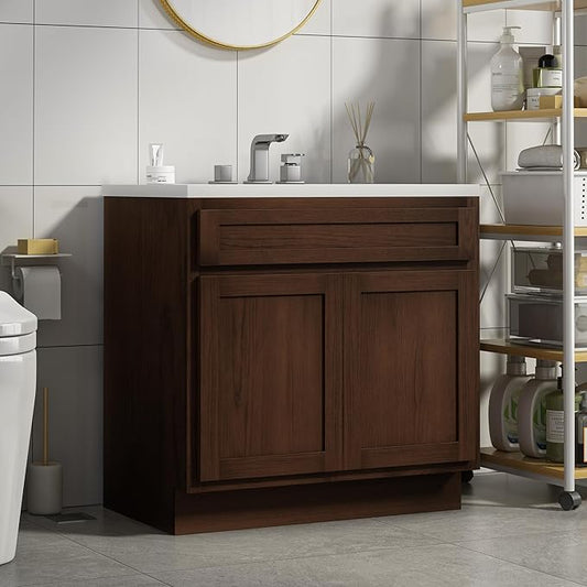 HomeBeyond 33 Inch Bathroom Vanity Base Only, Single Vanity Cabinet with Double Soft Closing Door, Composable Floor Mount Cabinets Without Top, Rustic Brown