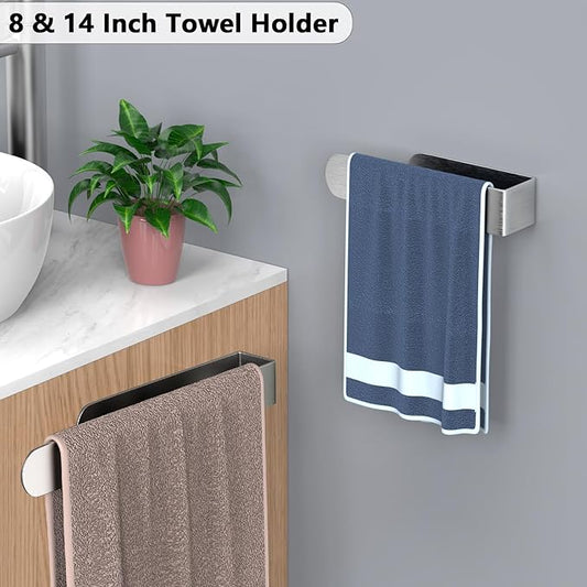 HUFEEOH Towel Bar Set, 2 Pack, Silver 8 and 14 Inch Towel Racks, U-Shaped | Adhesive Wall Mounting, Dual-Length Stainless Steel Bars Hold Hand Towels in Kitchens, Bathrooms, Hotels And RV Towel Areas