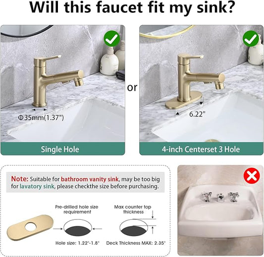 Bathroom Sink Faucet with Pull Out Sprayer, Single Handle Modern Bathroom Basin Faucet with Pop-up Sink Drain Stopper & Deck Plate 1 or 4-inch Centerset 3 Hole, Gold