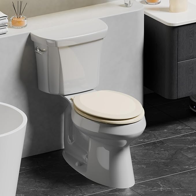 Angol Shiold Quiet-Close Molded Wood Toilet Seat with Non-Slip Adjustable Hinges, Anti-Pinch Bumpers, Easy Install & Clean(Biscuit, Elongated 18.5'')