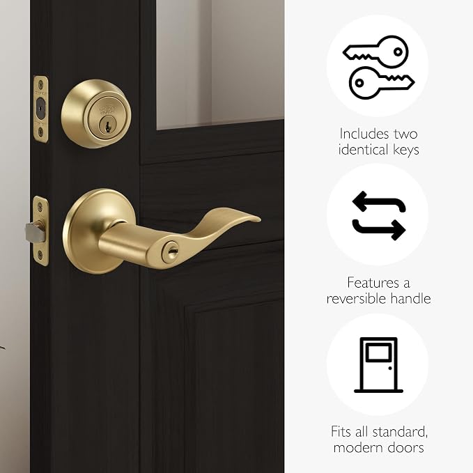 Design House Springdale Keyed Entry Door Lever, Satin Brass | Surface, Transitional, Brass, Hardware, 728881