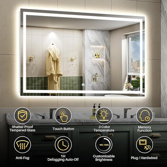 68x40 Inch LED Bathroom Mirror with Lights, Backlit & Front Lit, Anti-Fog Lighted Bathroom Vanity Mirror for Wall, Memory Function, Dimmable, HD Tempered Glass, Shatter-Proof