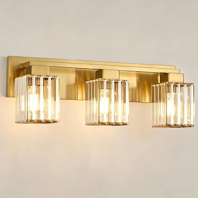 Brushed Gold Bathroom Light Fixtures, 3-Light Vanity Light Over Mirror | Wall Sconces with Square Crystal Shades, E26 Socket, Modern Vanity Lights for Bathroom (Bulbs Not Included)