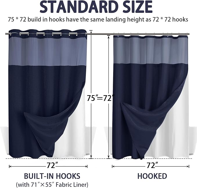 No Hook Shower Curtain with Liner Set Hotel Waffle Curtain Blue 72W X 75L | Washable Snap in Fabric Liner, Mesh Top Window, Waffle Hotel Style Shower Curtain Set