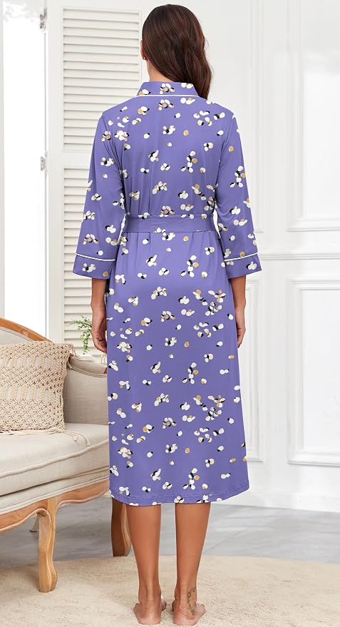 PrinStory Robes for Women 3/4 Sleeve Long Bath Robe XS-4XL | V-Neck Knit Bathrobe with Pockets, Lightweight, Soft, Breathable Robes for Shower, Spa, Travel, Home, Party, Nursing