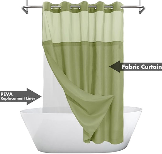 River Dream No Hook Shower Curtain with Snap-in Liner Set, Sage, 71x74 | Snap on/off Waterproof PEVA Liner, See Through Top Window, Slub Textured, Hotel Style Shower Curtain Set, Standard Size