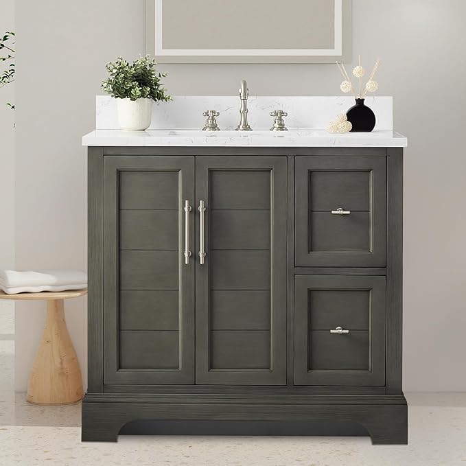 HOMEBEYOND 36 Inch Bathroom Vanity with Single Sink & Ceramic Top, Vanity Cabinet with Center Countertop Basin, Soft-Closing Doors, Backsplash,Sliver Grey