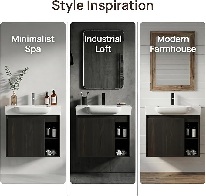 28" Bathroom Vanity with Sink, Wall-Mounted Cabinet, Dark Oak | Ceramic Sink, Soft-Close Door & 2 Open Storage Shelves, Modern Farmhouse Sink Cabinet, Easy to Clean for Small Bathroom