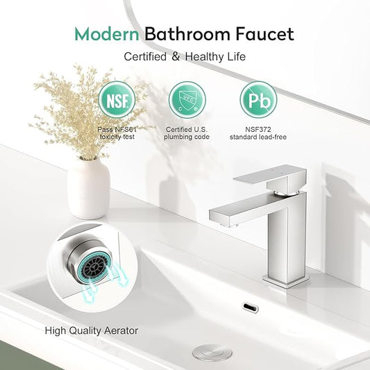 Faustina Brushed Nickel Bathroom Faucet, Single Handle Stainless Steel Bathroom Vanity Faucet with Metal Pop-Up Drain and Deck Plate for 1 or 3 Hole
