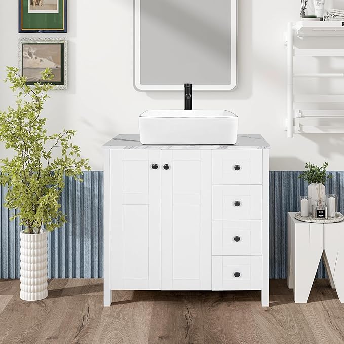 32" White Bathroom Vanity with Marble Texture Top and 4 Drawers, Modern Standing Pedestal Cabinet Without Sink
