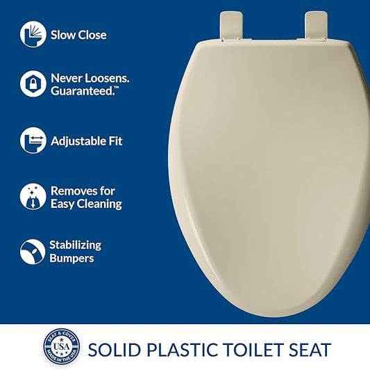 Bemis Aurora Slow Close Toilet Seat, Easy Clean Hinges and Adjustable Perfect Fit Plastic Seat, Made in USA, Elongated, Bone