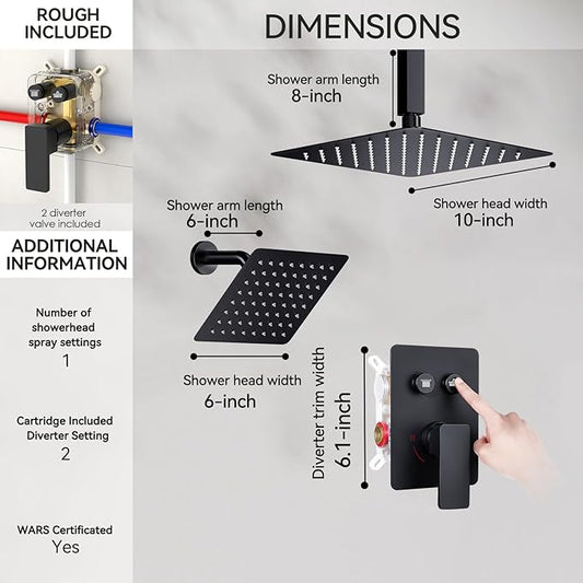 Rainfall Shower System, STARBATH 10" Ceiling Mount Rain Showerhead and 6" Wall Mounted Rainfall Shower for Couples, On Off Button Valve Dual Head Shower Systems Complete, Matte Black