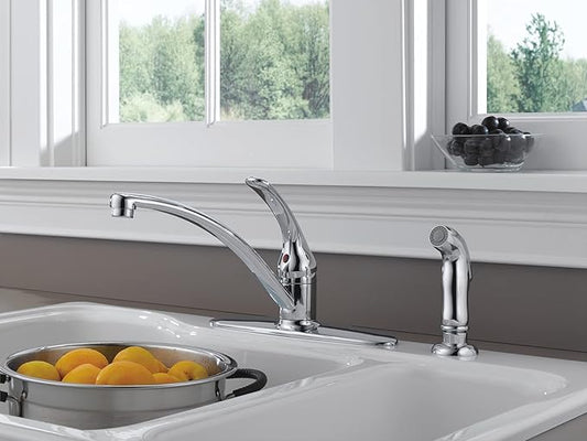 Delta Foundations Chrome Kitchen Faucet with Side Sprayer, Contemporary 4 Hole Kitchen Sink Faucet, Single Handle, Chrome B4410LF