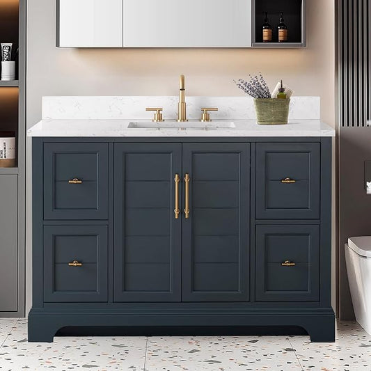 HOMEBEYOND 48 Inch Bathroom Vanity with Single Sink & Ceramic Top, Vanity Cabinet with Center Countertop Basin, Soft-Closing Doors, Backsplash, Vintage Spruce Blue