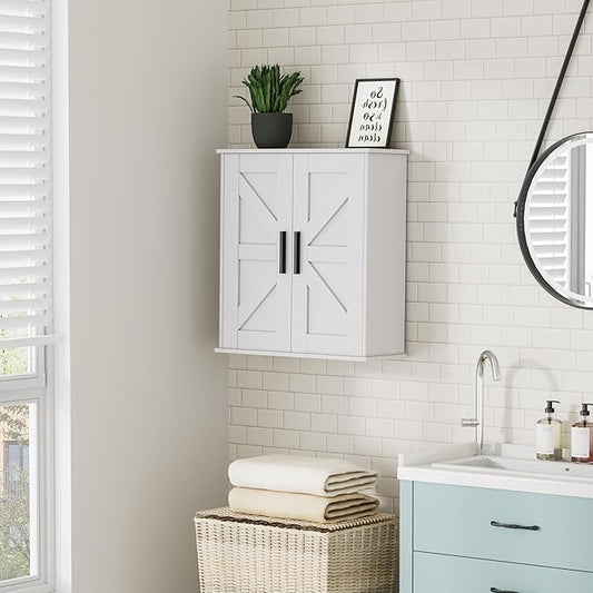 Bathroom Wall Cabinet, Over Toilet Storage Cabinet with Barn Doors and Adjustable Shelves, 3-Tier Medicine Cabinet Wall Mounted, for Bathroom, Kitchen, Entryway, Laundry Room, White, (7.9" D)