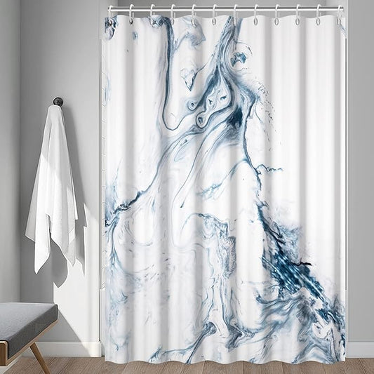 Blue and White Shower Curtain, Modern Ombre Blue Marble Shower Curtain Set with Hooks Aesthetic Waterproof Bathroom Decor, 72x72 Inch