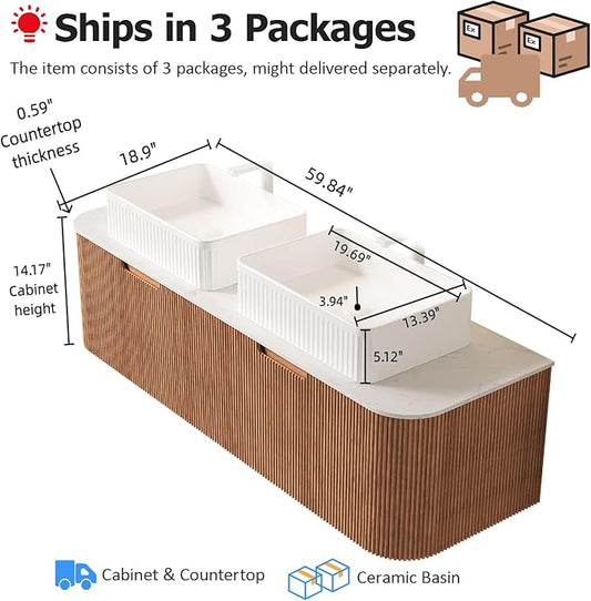 60 Inch Bathroom Vanity with Double Sink, Floating Bathroom Cabinet with White Rectangular Ceramic Basin and Marble Top, 2 Large Soft-Closing Storage Drawers, Pre-Assembled, Nature Wood